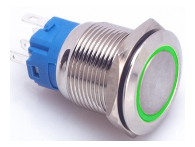 Interruptor bot&atilde;o met&aacute;lico de painel 19 mm cabe&ccedil;a plana com travamento autom&aacute;tico 12-24V imperme&aacute;vel e LED verde - Imagem 1