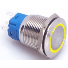 Interruptor pulsador met&aacute;lico cabe&ccedil;a plana 19 mm 12-24 V &agrave; prova d'&aacute;gua com travamento autom&aacute;tico e LED amarelo para painel