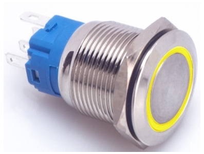 Interruptor pulsador met&aacute;lico cabe&ccedil;a plana 19 mm 12-24 V &agrave; prova d'&aacute;gua com travamento autom&aacute;tico e LED amarelo para painel - Imagem 1