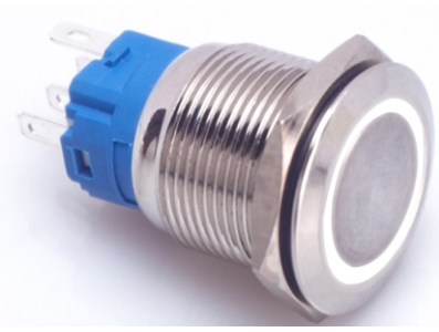 Interruptor de Press&atilde;o Met&aacute;lico Cabe&ccedil;a Plana 19 mm 12-24V &agrave; prova d'&aacute;gua com travamento autom&aacute;tico e LED branco para painel - Imagem 1