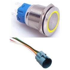 Interruptor bot&atilde;o met&aacute;lico, cabe&ccedil;a plana 19 mm, 12 a 24 V, &agrave; prova d'&aacute;gua, travamento autom&aacute;tico, LED amarelo, soquete conector