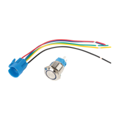 Interruptor de bot&atilde;o met&aacute;lico para painel 19 mm 12-24V &agrave; prova d'&aacute;gua com trava autom&aacute;tica, LED azul e conector soquete