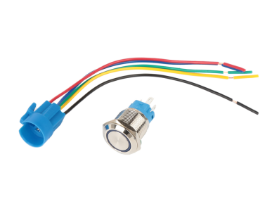 Interruptor de bot&atilde;o met&aacute;lico para painel 19 mm 12-24V &agrave; prova d'&aacute;gua com trava autom&aacute;tica, LED azul e conector soquete - Imagem 1