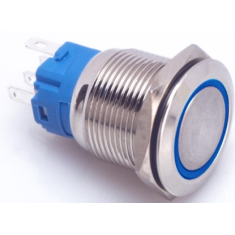Interruptor bot&atilde;o met&aacute;lico de painel 19 mm cabe&ccedil;a plana 110-220 V &agrave; prova d'&aacute;gua autotravante com LED azul