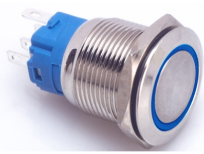 Interruptor bot&atilde;o met&aacute;lico de painel 19 mm cabe&ccedil;a plana 110-220 V &agrave; prova d'&aacute;gua autotravante com LED azul - Imagem 1
