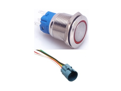 Bot&atilde;o pulsador met&aacute;lico cabe&ccedil;a plana 19 mm 110-220V &agrave; prova d'&aacute;gua auto-bloqueante com LED vermelho e soquete conector - Imagem 1