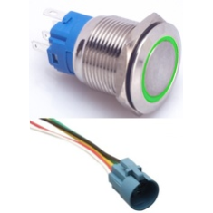 Interruptor de bot&atilde;o met&aacute;lico cabe&ccedil;a plana 19 mm 110 a 220 V &agrave; prova d'&aacute;gua com travamento autom&aacute;tico, LED verde e conector soqu