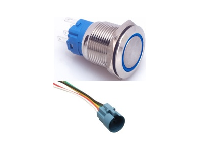 Bot&atilde;o pulsador met&aacute;lico 19 mm 110-220V &agrave; prova d'&aacute;gua com travamento, LED azul e soquete conector - Imagem 1