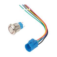 Interruptor bot&atilde;o met&aacute;lico plano 19 mm 12-24V &agrave; prova d'&aacute;gua, moment&acirc;neo com autoretorno, LED vermelho e soquete de conex&atilde;o para