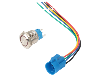 Interruptor bot&atilde;o met&aacute;lico plano 19 mm 12-24V &agrave; prova d'&aacute;gua, moment&acirc;neo com autoretorno, LED vermelho e soquete de conex&atilde;o para - Imagem 1