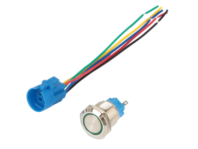 Bot&atilde;o interruptor met&aacute;lico de painel 19 mm cabe&ccedil;a chata, moment&acirc;neo com retorno autom&aacute;tico, 12&ndash;24V, &agrave; prova d'&aacute;gua, LED verde - Imagem 1