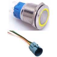 Bot&atilde;o de painel met&aacute;lico cabe&ccedil;a plana 19 mm 12-24V, moment&acirc;neo com retorno autom&aacute;tico, &agrave; prova d'&aacute;gua, LED amarelo e soquete But