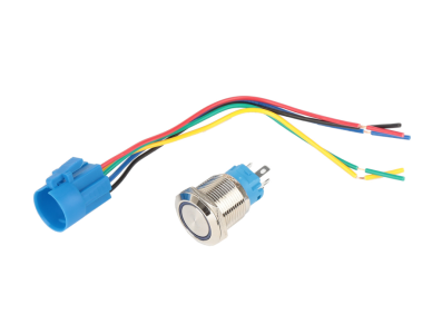 Bot&atilde;o interruptor met&aacute;lico 19 mm cabe&ccedil;a plana 12-24V &agrave; prova d'&aacute;gua moment&acirc;neo com LED azul, auto-reset e soquete - Imagem 1