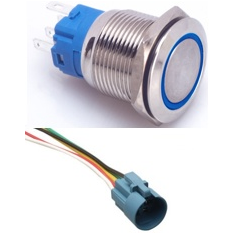 Interruptor de bot&atilde;o met&aacute;lico de cabe&ccedil;a plana 19 mm 110-220V &agrave; prova d'&aacute;gua, moment&acirc;neo com auto-reset, LED azul e soquete bot&atilde;o