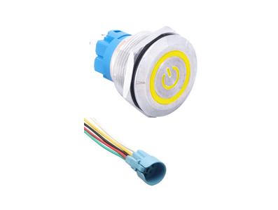 Bot&atilde;o interruptor met&aacute;lico 22 mm cabe&ccedil;a chata 3 a 6 V &agrave; prova d'&aacute;gua com travamento, LED amarelo e soquete conector - Imagem 1