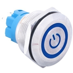 Interruptor de press&atilde;o met&aacute;lico 22 mm, cabe&ccedil;a plana, 3-6V, moment&acirc;neo com auto-retorno, &agrave; prova d'&aacute;gua, LED azul