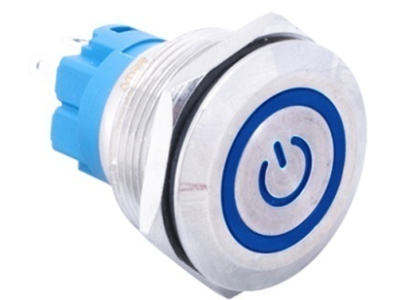 Interruptor de press&atilde;o met&aacute;lico 22 mm, cabe&ccedil;a plana, 3-6V, moment&acirc;neo com auto-retorno, &agrave; prova d'&aacute;gua, LED azul - Imagem 1