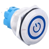 Interruptor de press&atilde;o met&aacute;lico 22 mm, cabe&ccedil;a plana, 3-6V, moment&acirc;neo com auto-retorno, &agrave; prova d'&aacute;gua, LED azul