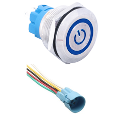 Bot&atilde;o met&aacute;lico moment&acirc;neo 22 mm 3-6 V &agrave; prova d'&aacute;gua com LED azul e soquete de conex&atilde;o para painel