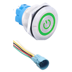 Interruptor de Bot&atilde;o Met&aacute;lico Cabe&ccedil;a Plana 22 mm 12-24V &Agrave; Prova d'&Aacute;gua com LED Verde, Travamento Autom&aacute;tico e Soquete Conector