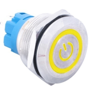 Interruptor pulsador met&aacute;lico 22 mm cabe&ccedil;a plana 110-220V com trava autom&aacute;tica &agrave; prova d'&aacute;gua e LED amarelo
