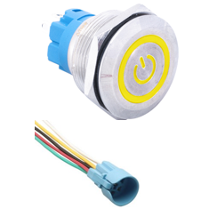 Bot&atilde;o met&aacute;lico para painel 22 mm cabe&ccedil;a plana 110-220 V &agrave; prova d'&aacute;gua, travamento autom&aacute;tico, LED amarelo e conector