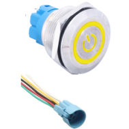 Bot&atilde;o met&aacute;lico para painel 22 mm cabe&ccedil;a plana 110-220 V &agrave; prova d'&aacute;gua, travamento autom&aacute;tico, LED amarelo e conector
