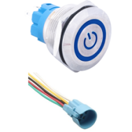 Bot&atilde;o pulsador met&aacute;lico para painel 22 mm 110/220 V &agrave; prova d'&aacute;gua, cabe&ccedil;a plana auto-travante com LED azul e soquete conector