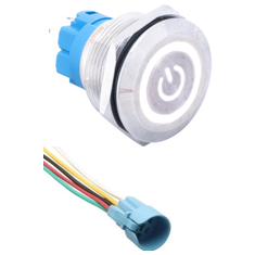 Interruptor de bot&atilde;o met&aacute;lico de cabe&ccedil;a plana 22 mm 110-220V estanque com trava de reten&ccedil;&atilde;o, LED branco e conector soquete