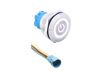 Interruptor de bot&atilde;o met&aacute;lico de cabe&ccedil;a plana 22 mm 110-220V estanque com trava de reten&ccedil;&atilde;o, LED branco e conector soquete - Imagem 1