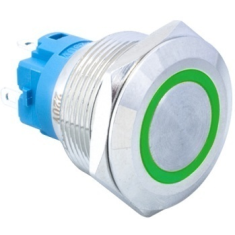 Bot&atilde;o de press&atilde;o met&aacute;lico 22 mm, cabe&ccedil;a plana, travamento autom&aacute;tico, 3-6V, &agrave; prova d'&aacute;gua com LED verde