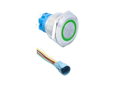 Bot&atilde;o met&aacute;lico de press&atilde;o cabe&ccedil;a plana 22 mm 3 a 6 V imperme&aacute;vel com travamento autom&aacute;tico, LED verde e conector soquete - Imagem 1