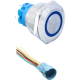 Interruptor pulsador met&aacute;lico cabe&ccedil;a plana 22 mm 3-6V &agrave; prova d'&aacute;gua com trava, LED azul e soquete conector - Thumb - 1
