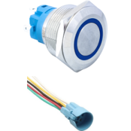 Interruptor pulsador met&aacute;lico cabe&ccedil;a plana 22 mm 3-6V &agrave; prova d'&aacute;gua com trava, LED azul e soquete conector