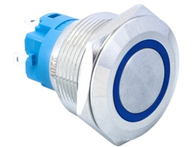 Bot&atilde;o de Painel Met&aacute;lico de Cabe&ccedil;a Plana 22 mm 12 a 24 V &agrave; Prova d'&Aacute;gua com Travamento Autom&aacute;tico e LED Azul - Imagem 1