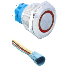 Bot&atilde;o met&aacute;lico de press&atilde;o cabe&ccedil;a plana 22 mm trava 12-24 V &agrave; prova d'&aacute;gua com LED vermelho e soquete conector