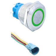 Interruptor de bot&atilde;o met&aacute;lico cabe&ccedil;a plana 22 mm 12-24V imperme&aacute;vel com travamento, LED verde e soquete conector