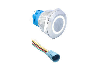 Interruptor pulsador met&aacute;lico de cabe&ccedil;a plana 22 mm 12-24 V &agrave; prova d'&aacute;gua com trava, LED branco e conector soquete - Imagem 1