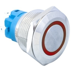 Interruptor pulsador met&aacute;lico para painel 22 mm cabe&ccedil;a plana 110-220V imperme&aacute;vel com trava e LED vermelho