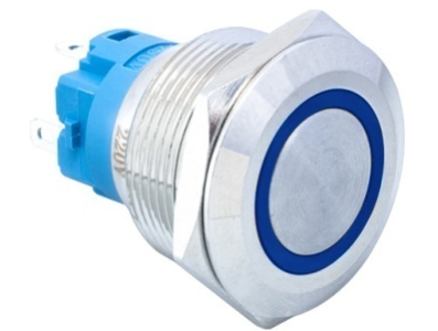 Interruptor de bot&atilde;o met&aacute;lico 22 mm cabe&ccedil;a plana 110-220V &agrave; prova d'&aacute;gua com travamento e LED azul - Imagem 1