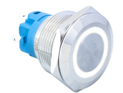 Interruptor de bot&atilde;o met&aacute;lico 22 mm cabe&ccedil;a plana 110-220 V imperme&aacute;vel com autobloqueio e LED branco - Imagem 1