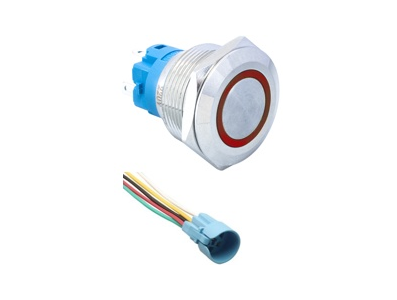 Interruptor de bot&atilde;o met&aacute;lico cabe&ccedil;a plana 22 mm 110-220V com travamento autom&aacute;tico &agrave; prova d'&aacute;gua, LED vermelho e conector de s - Imagem 1