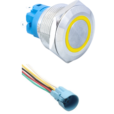 Bot&atilde;o de painel met&aacute;lico de cabe&ccedil;a plana 22 mm 110-220V &agrave; prova d'&aacute;gua com trava auto-retentiva, LED amarelo e soquete conector