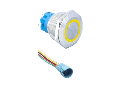 Bot&atilde;o de painel met&aacute;lico de cabe&ccedil;a plana 22 mm 110-220V &agrave; prova d'&aacute;gua com trava auto-retentiva, LED amarelo e soquete conector - Imagem 1