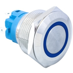 Bot&atilde;o Met&aacute;lico 22 mm Cabe&ccedil;a Plana Moment&acirc;neo com Retorno Autom&aacute;tico 12-24V Estanque LED Azul
