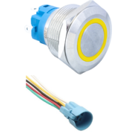 Interruptor de bot&atilde;o met&aacute;lico plano 22 mm 12 a 24 V &agrave; prova d'&aacute;gua, moment&acirc;neo com retorno autom&aacute;tico, LED amarelo e soquete But