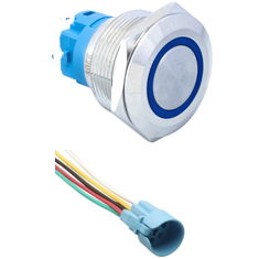 Bot&atilde;o de press&atilde;o met&aacute;lico cabe&ccedil;a chata 22 mm 12-24 V moment&acirc;neo, auto-retorno, &agrave; prova d'&aacute;gua, LED azul e soquete