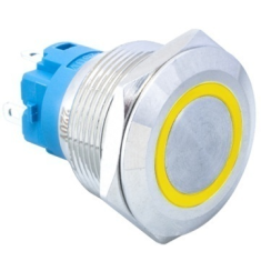 Bot&atilde;o met&aacute;lico de painel 22 mm cabe&ccedil;a plana 110-220V &agrave; prova d'&aacute;gua moment&acirc;neo com reset autom&aacute;tico e LED amarelo