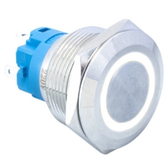 Interruptor de Bot&atilde;o Met&aacute;lico para Painel 22 mm Cabe&ccedil;a Plana 110-220 V Moment&acirc;neo com Retorno Autom&aacute;tico &agrave; Prova d'&Aacute;gua e LED Br