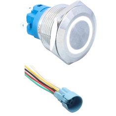 Bot&atilde;o pulsador met&aacute;lico de cabe&ccedil;a plana 22 mm para painel 110-220V imperme&aacute;vel moment&acirc;neo com retorno autom&aacute;tico, LED branco e s